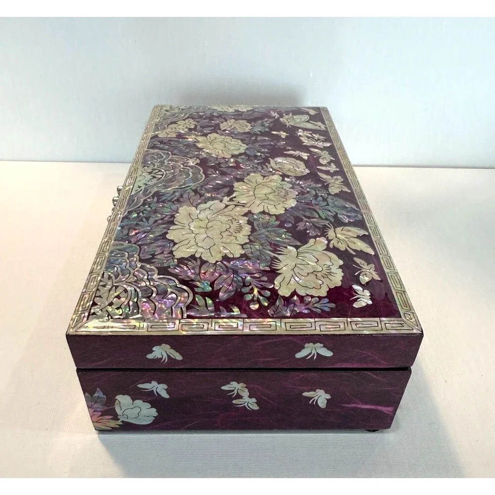 Handmade Korean Mother of Pearl Peony Jewelry Box Wooden Mirror Case Purple
